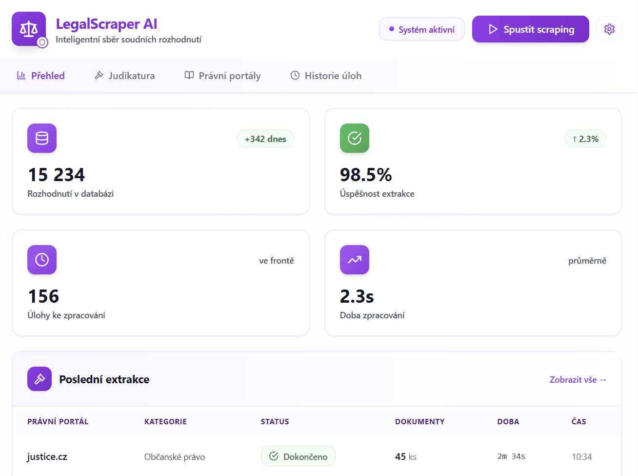 Justice Scraper - hlavni obrazovka
